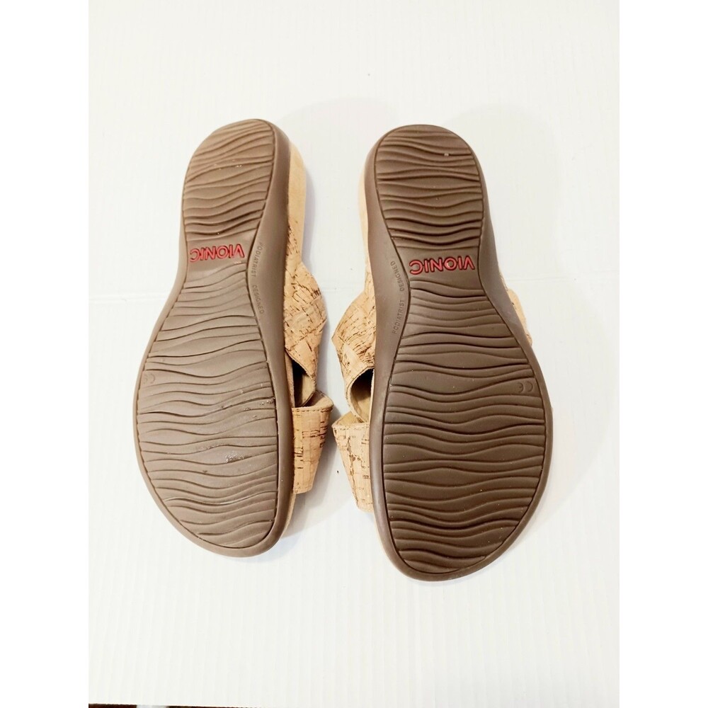 Vionic Cork-Textured Cross Strap Slide Sandals in Tan with Gold Buckles - Picture 5 of 7